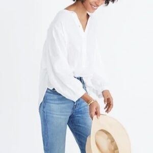Madewell White Shimmer Stripe Button-Down Peasant Top